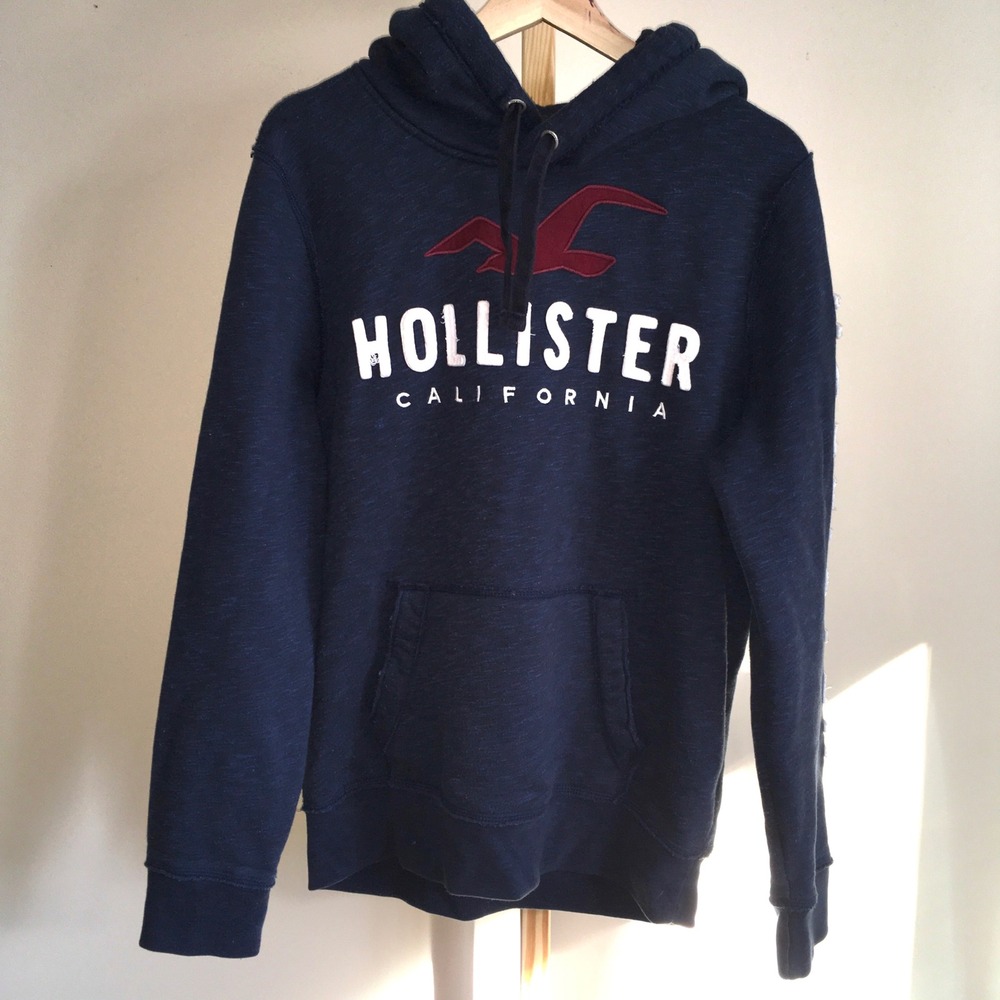 Hollister Mens Hoodie Navy Blue Graphic Fleece Pullover Size M